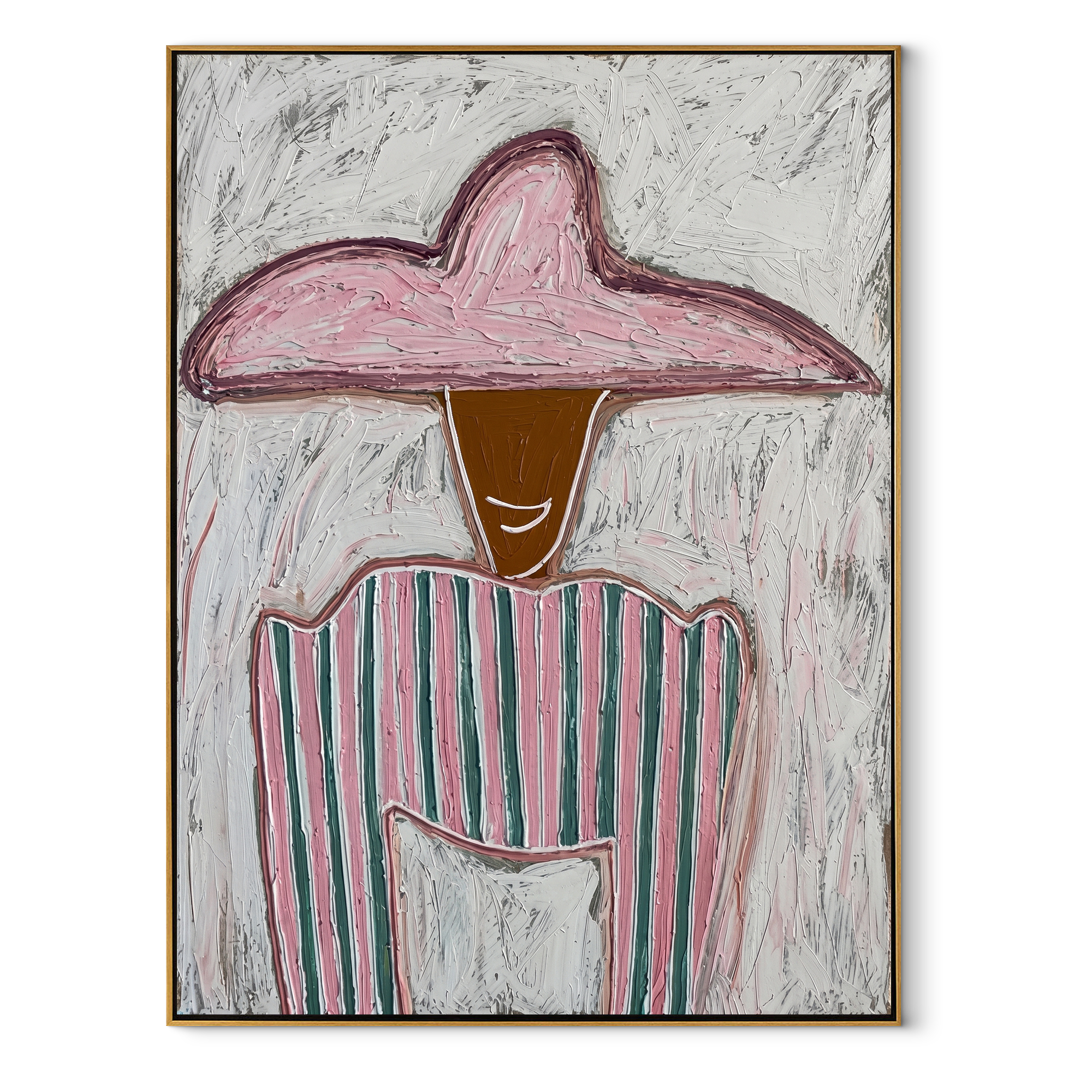Rose Pocket Holds Quiet - pink green striped painting by Elliot Vale, modern figurative vertical wall art - wood frame on white background