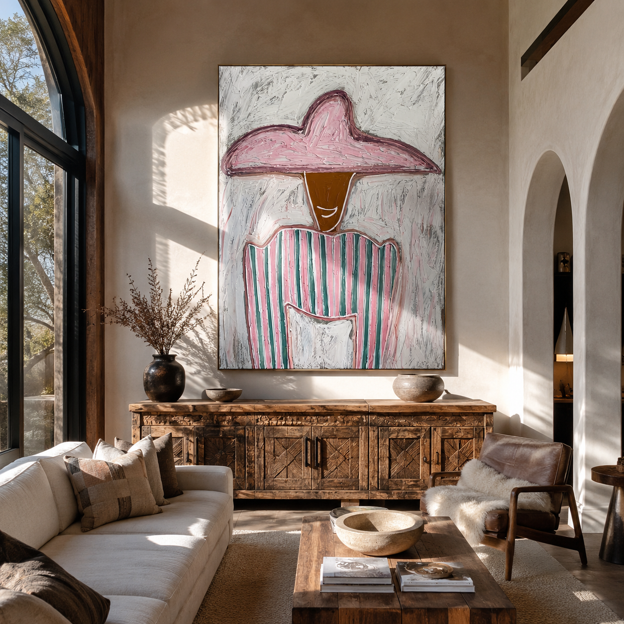 Rose Pocket Holds Quiet - pink green striped painting by Elliot Vale, modern figurative vertical wall art - styled room scene view 2