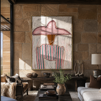 Rose Pocket Holds Quiet - pink green striped painting by Elliot Vale, modern figurative vertical wall art - styled room scene view 3