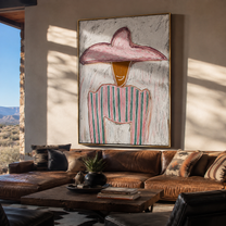Rose Pocket Holds Quiet - pink green striped painting by Elliot Vale, modern figurative vertical wall art - styled room scene view 4