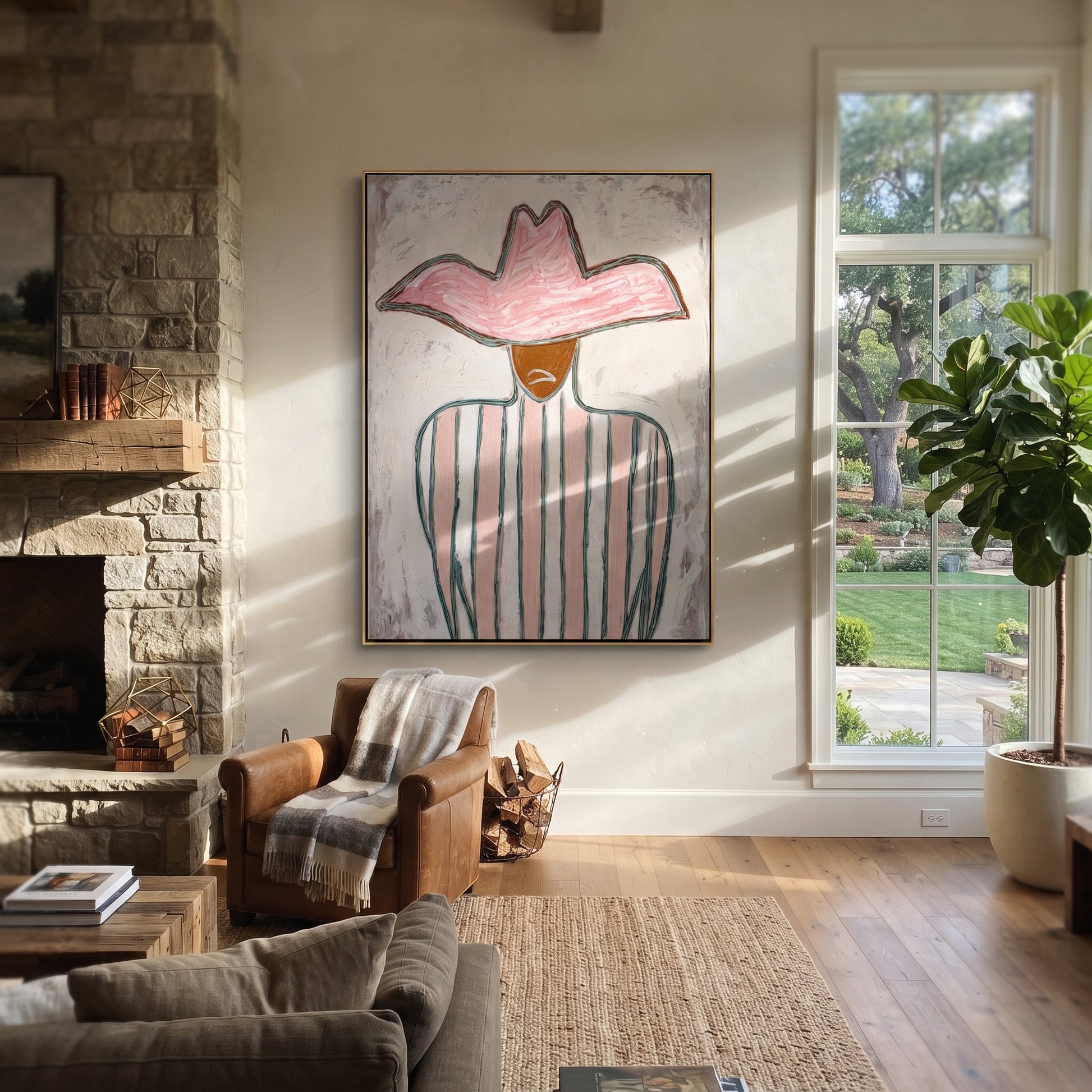 Pink Peak Meets Green - green striped cowboy painting by Elliot Vale, modern figurative vertical wall art - styled room scene view 1