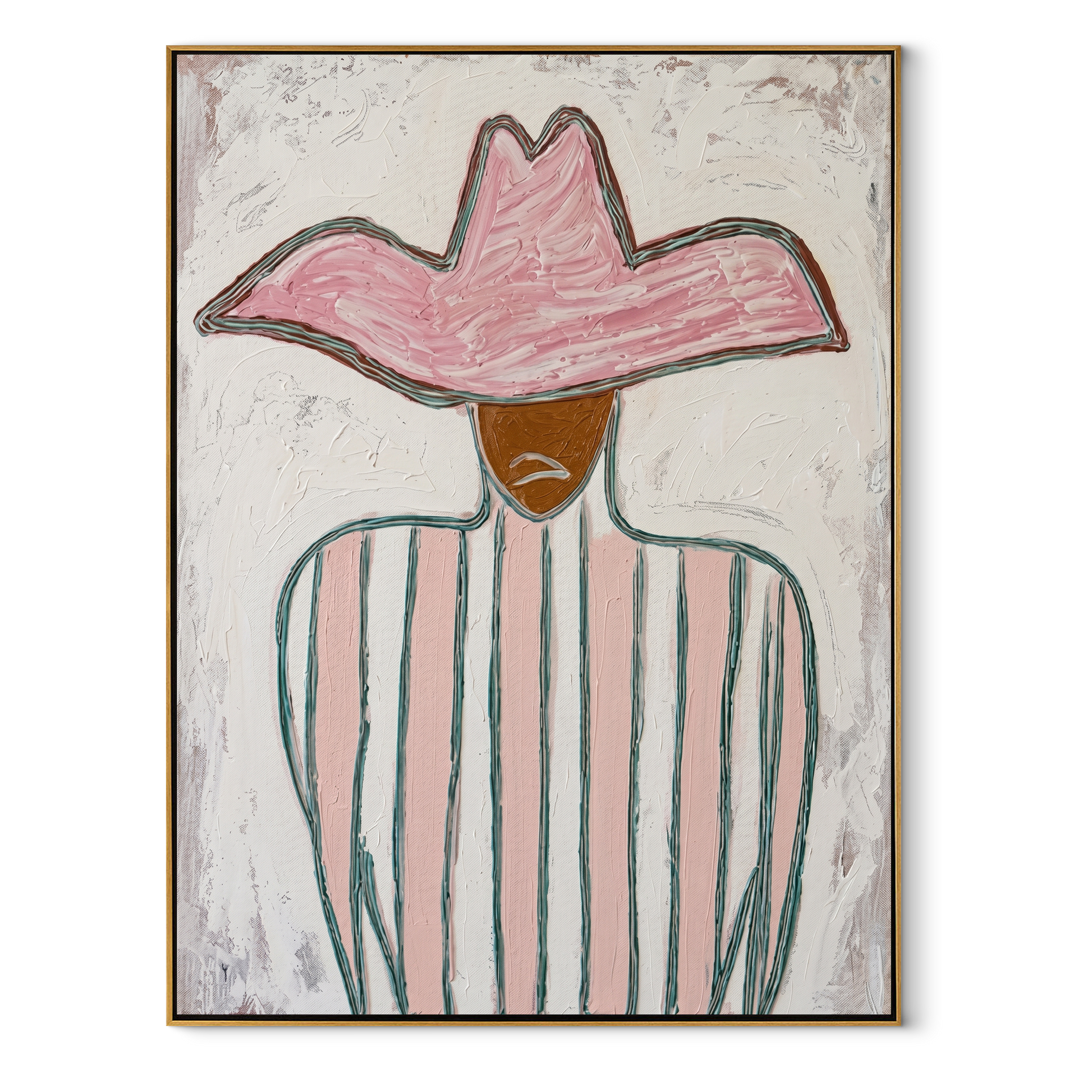Pink Peak Meets Green - green striped cowboy painting by Elliot Vale, modern figurative vertical wall art - wood frame on white background