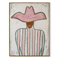 Pink Peak Meets Green - green striped cowboy painting by Elliot Vale, modern figurative vertical wall art - wood frame on white background