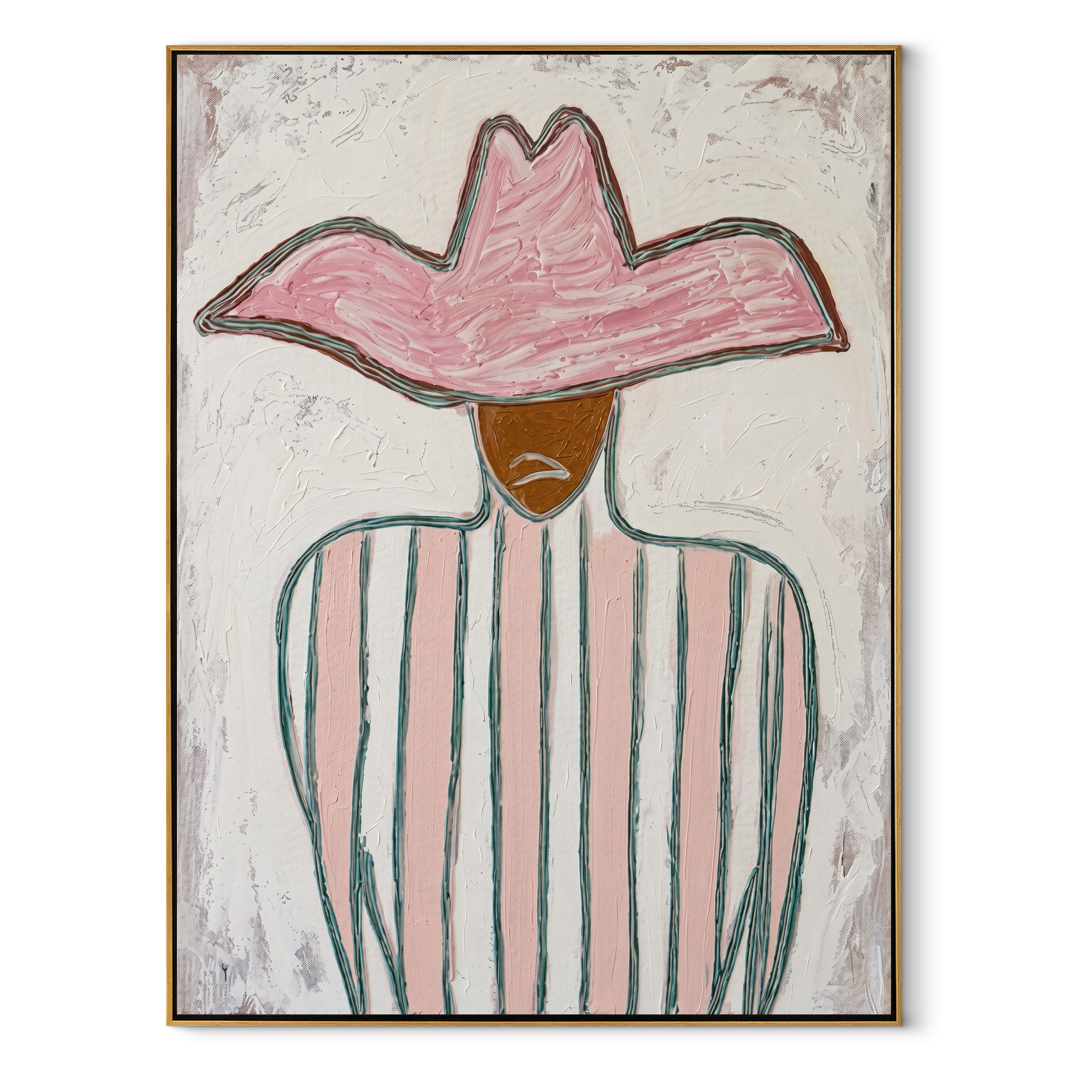 Pink Peak Meets Green - green striped cowboy painting by Elliot Vale, modern figurative vertical wall art - wood frame on white background