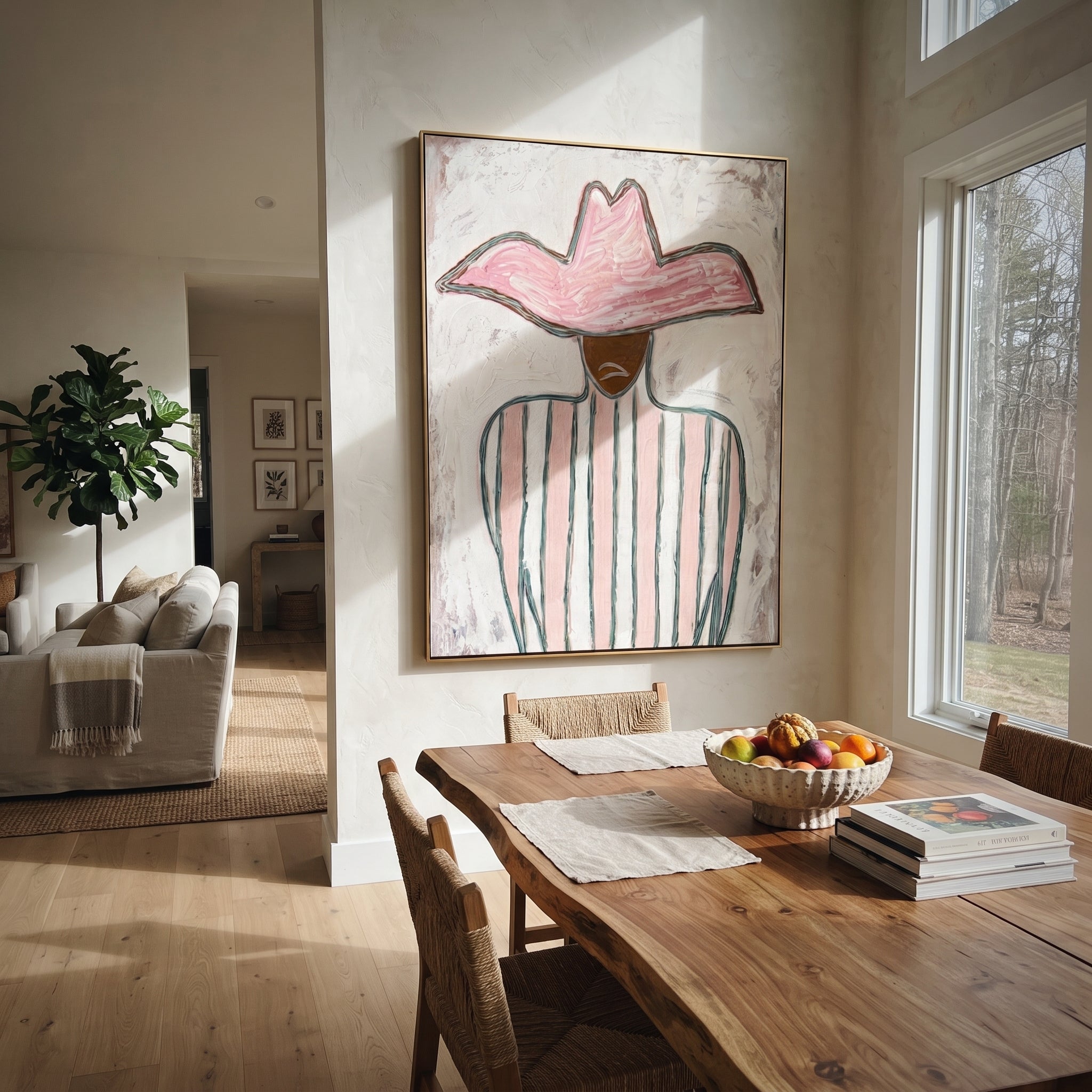 Pink Peak Meets Green - green striped cowboy painting by Elliot Vale, modern figurative vertical wall art - styled room scene view 2