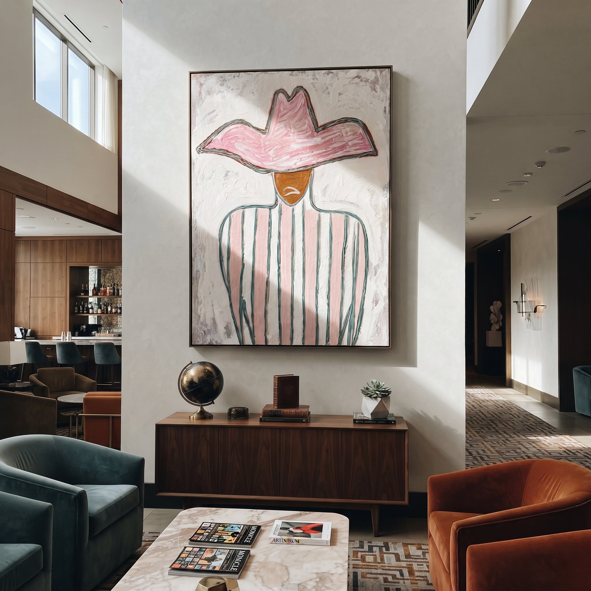 Pink Peak Meets Green - green striped cowboy painting by Elliot Vale, modern figurative vertical wall art - styled room scene view 3