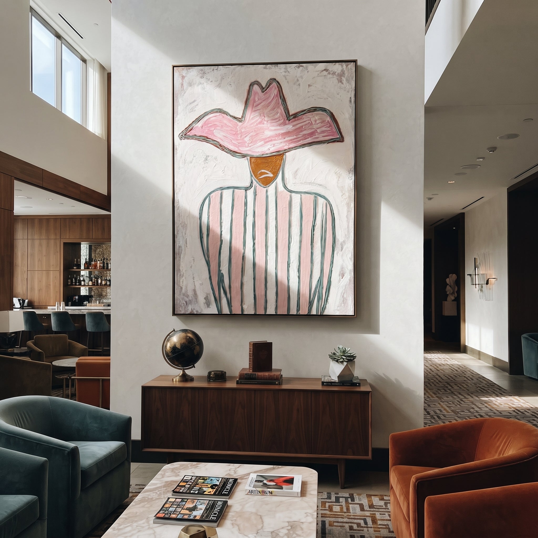 Pink Peak Meets Green - green striped cowboy painting by Elliot Vale, modern figurative vertical wall art - styled room scene view 3