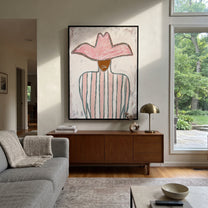 Pink Peak Meets Green - green striped cowboy painting by Elliot Vale, modern figurative vertical wall art - styled room scene view 4