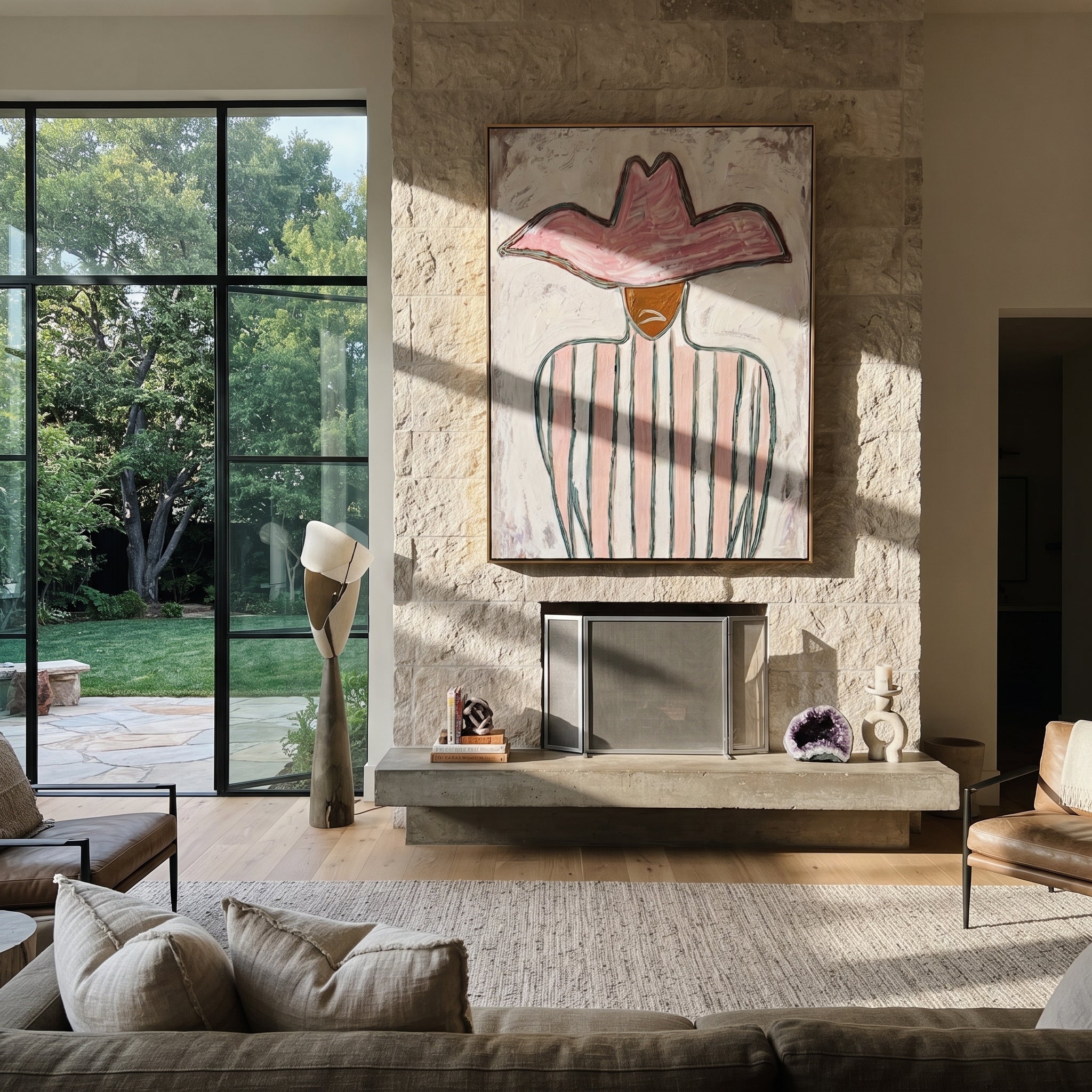 Pink Peak Meets Green - green striped cowboy painting by Elliot Vale, modern figurative vertical wall art - styled room scene view 5