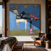 Pink Boots Chase Starlight - reclining cowgirl painting by Elliot Vale, modern figurative square wall art - styled room scene view 1