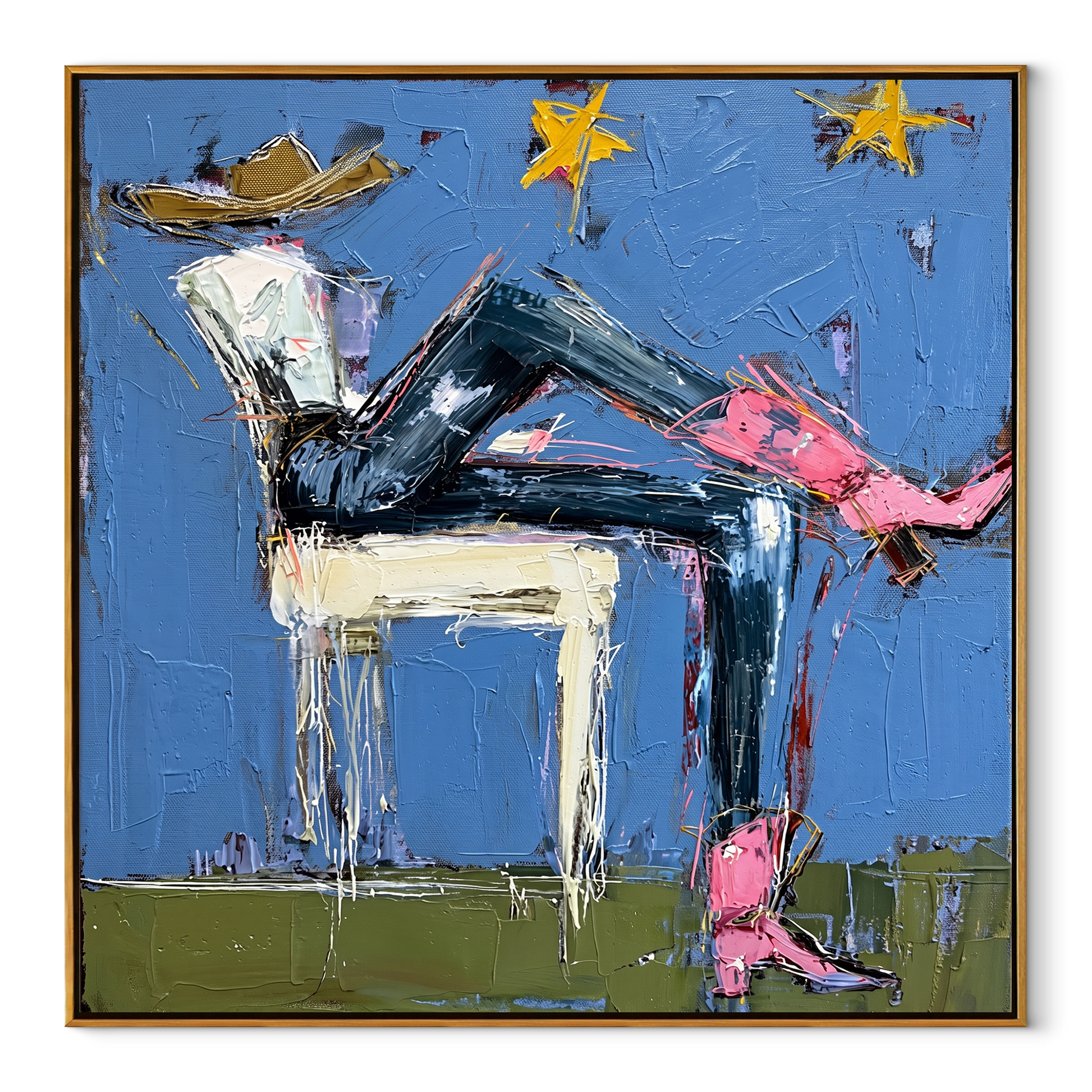 Pink Boots Chase Starlight - reclining cowgirl painting by Elliot Vale, modern figurative square wall art - wood frame on white background