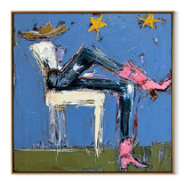 Pink Boots Chase Starlight - reclining cowgirl painting by Elliot Vale, modern figurative square wall art - wood frame on white background