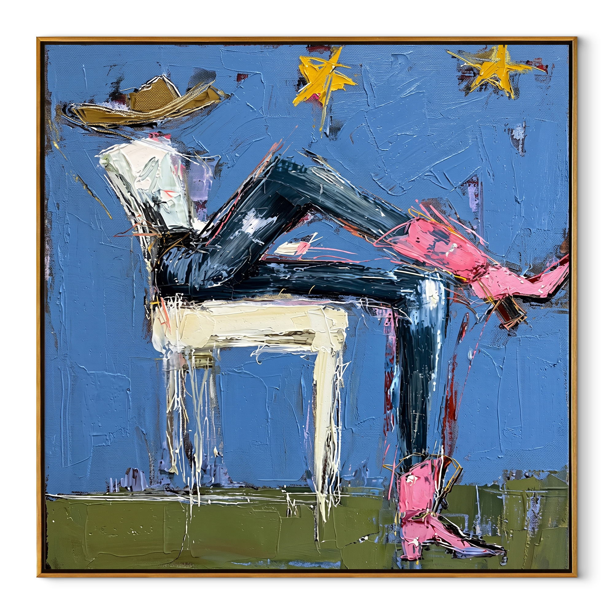 Pink Boots Chase Starlight - reclining cowgirl painting by Elliot Vale, modern figurative square wall art - wood frame on white background