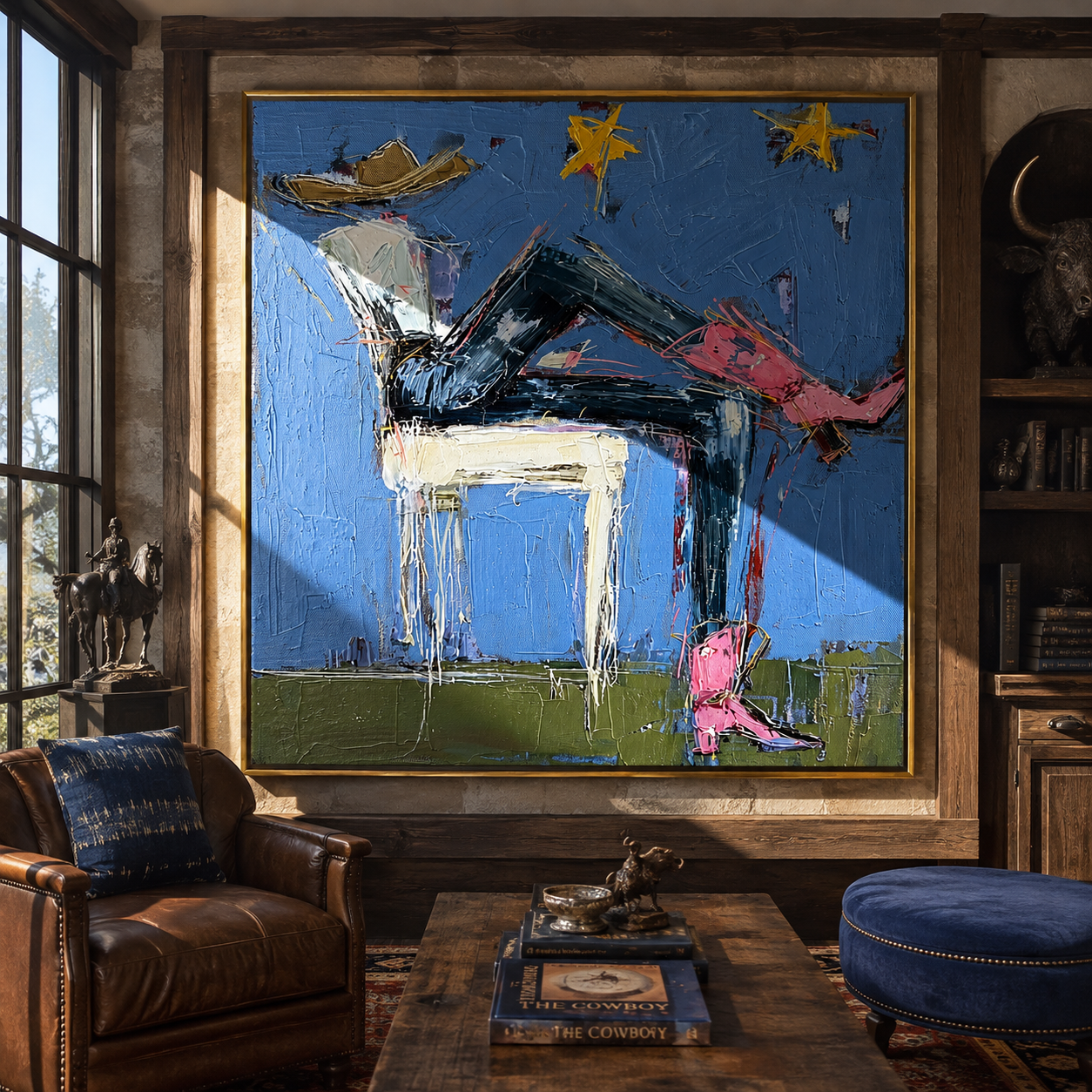 Pink Boots Chase Starlight - reclining cowgirl painting by Elliot Vale, modern figurative square wall art - styled room scene view 2