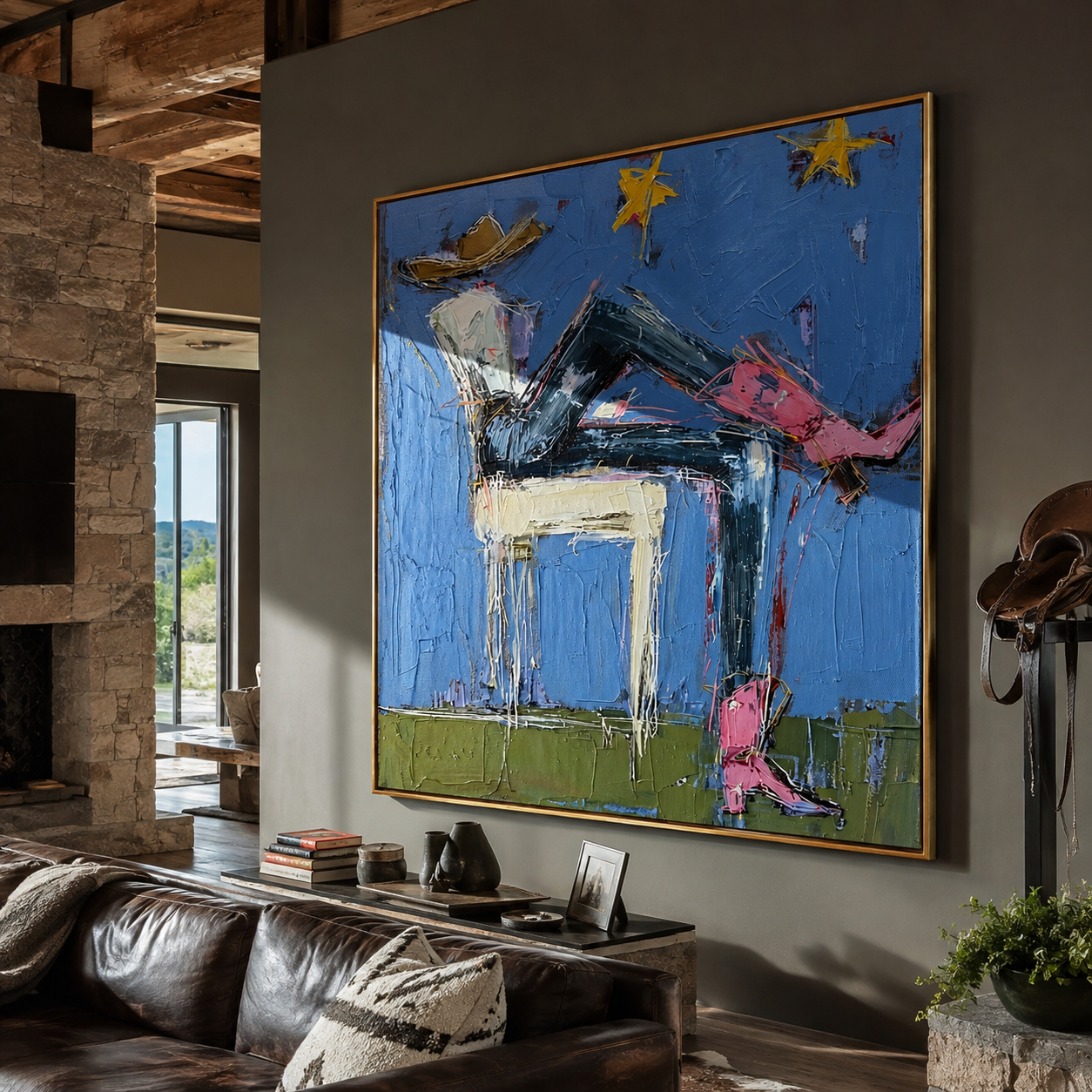 Pink Boots Chase Starlight - reclining cowgirl painting by Elliot Vale, modern figurative square wall art - styled room scene view 3