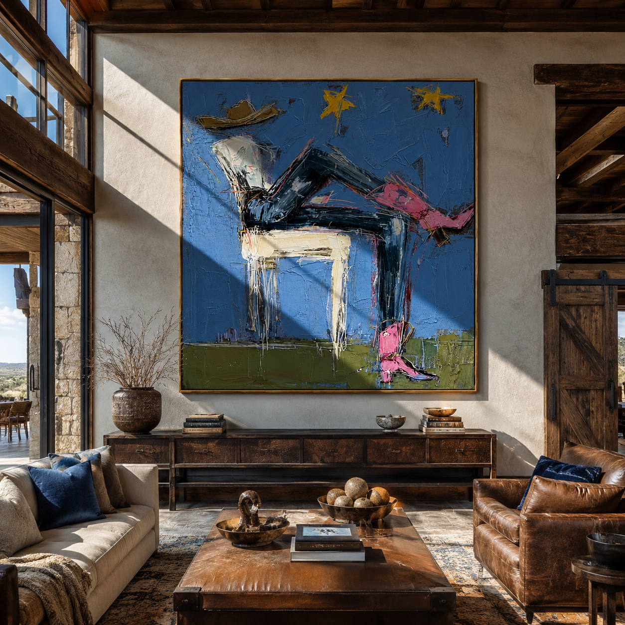 Pink Boots Chase Starlight - reclining cowgirl painting by Elliot Vale, modern figurative square wall art - styled room scene view 5