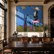White Hat Leans Back - reclining western woman painting by Elliot Vale, modern figurative square wall art - styled room scene view 1