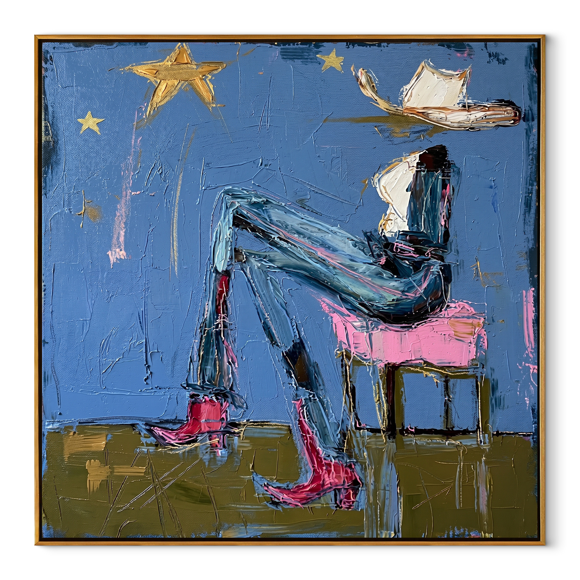 White Hat Leans Back - reclining western woman painting by Elliot Vale, modern figurative square wall art - wood frame on white background