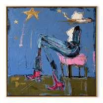 White Hat Leans Back - reclining western woman painting by Elliot Vale, modern figurative square wall art - wood frame on white background