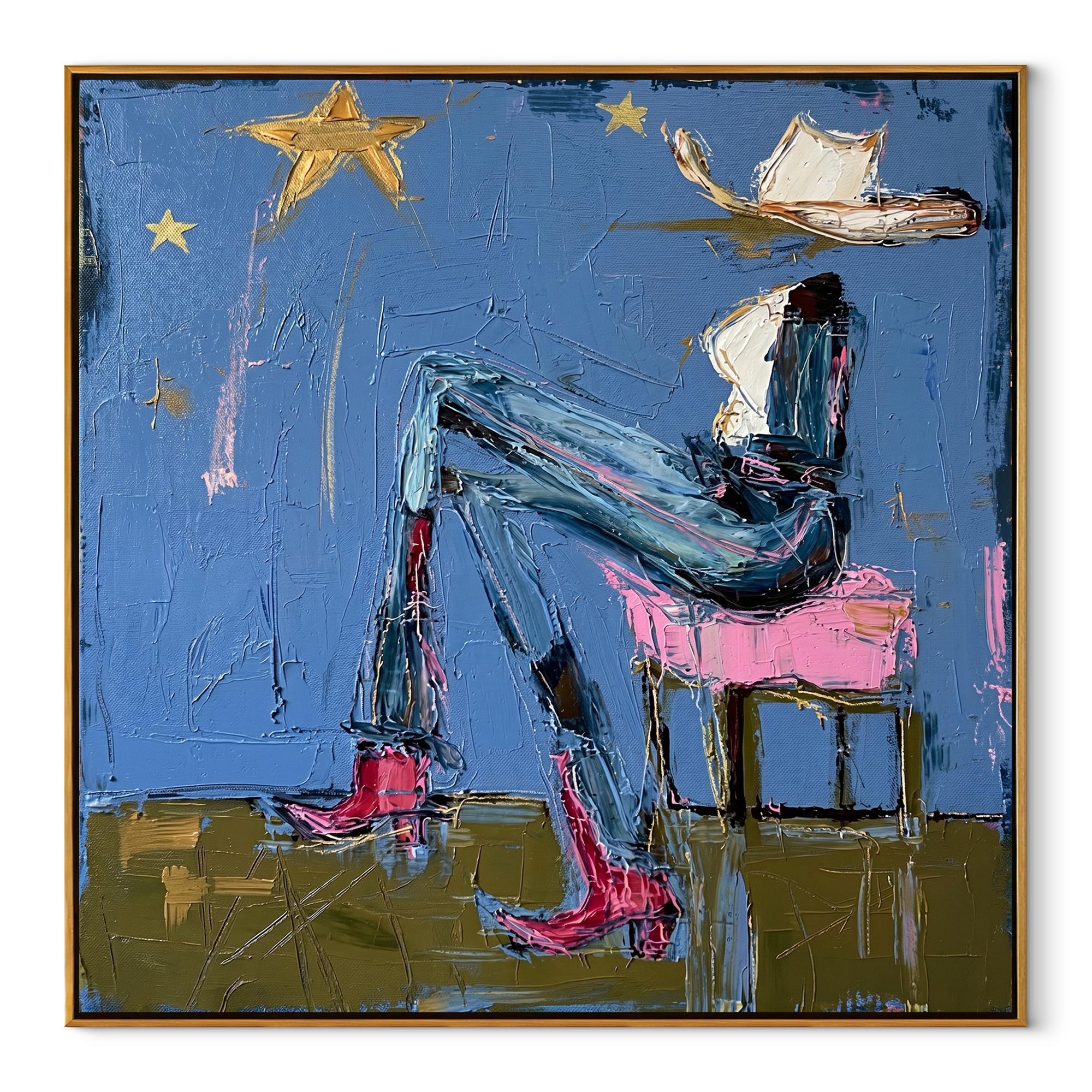 White Hat Leans Back - reclining western woman painting by Elliot Vale, modern figurative square wall art - wood frame on white background