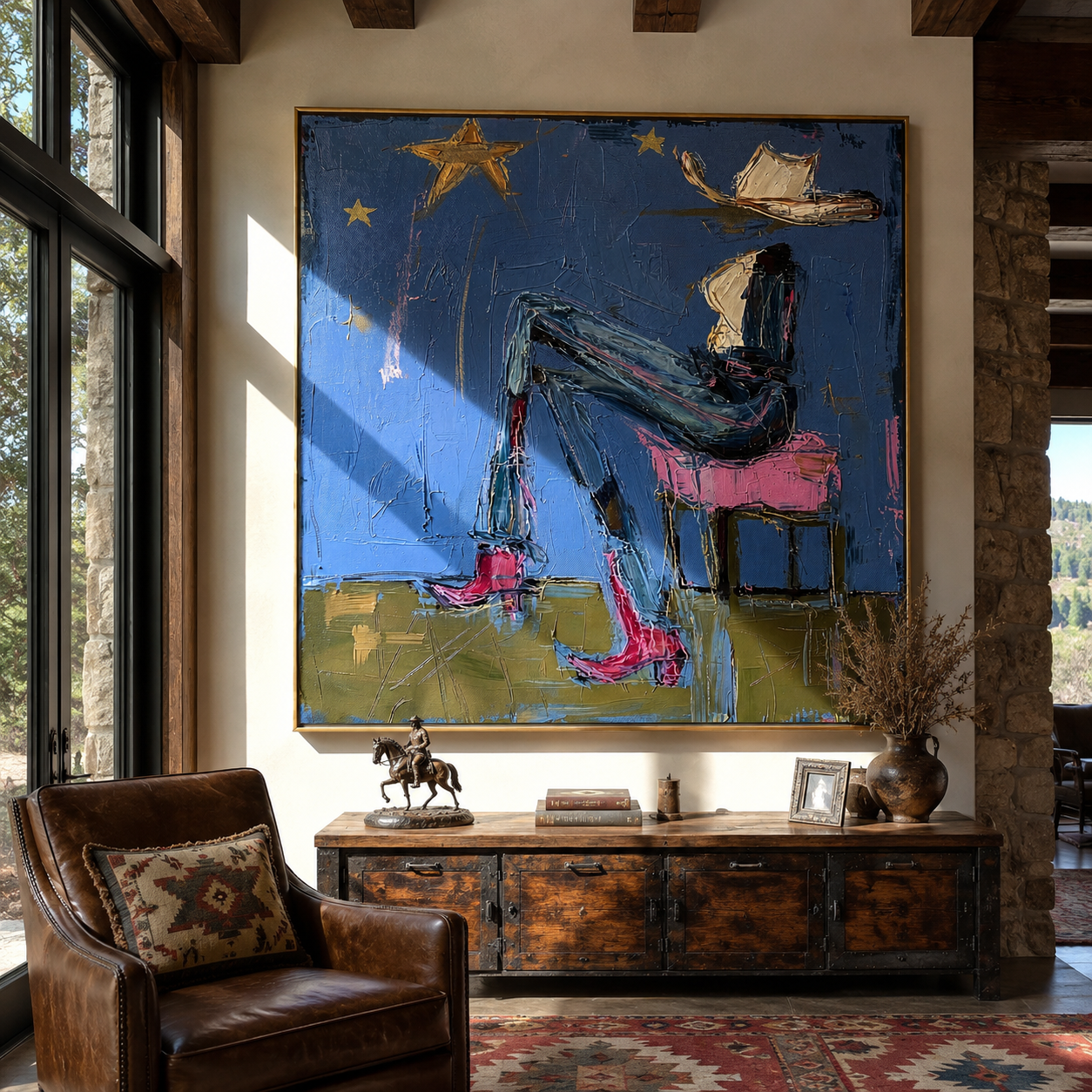 White Hat Leans Back - reclining western woman painting by Elliot Vale, modern figurative square wall art - styled room scene view 2