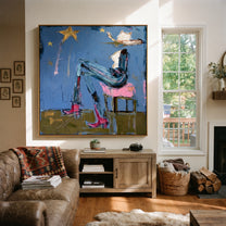 White Hat Leans Back - reclining western woman painting by Elliot Vale, modern figurative square wall art - styled room scene view 3