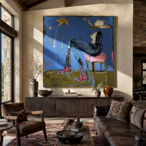 White Hat Leans Back - reclining western woman painting by Elliot Vale, modern figurative square wall art - styled room scene view 4