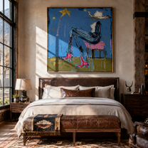 White Hat Leans Back - reclining western woman painting by Elliot Vale, modern figurative square wall art - styled room scene view 5