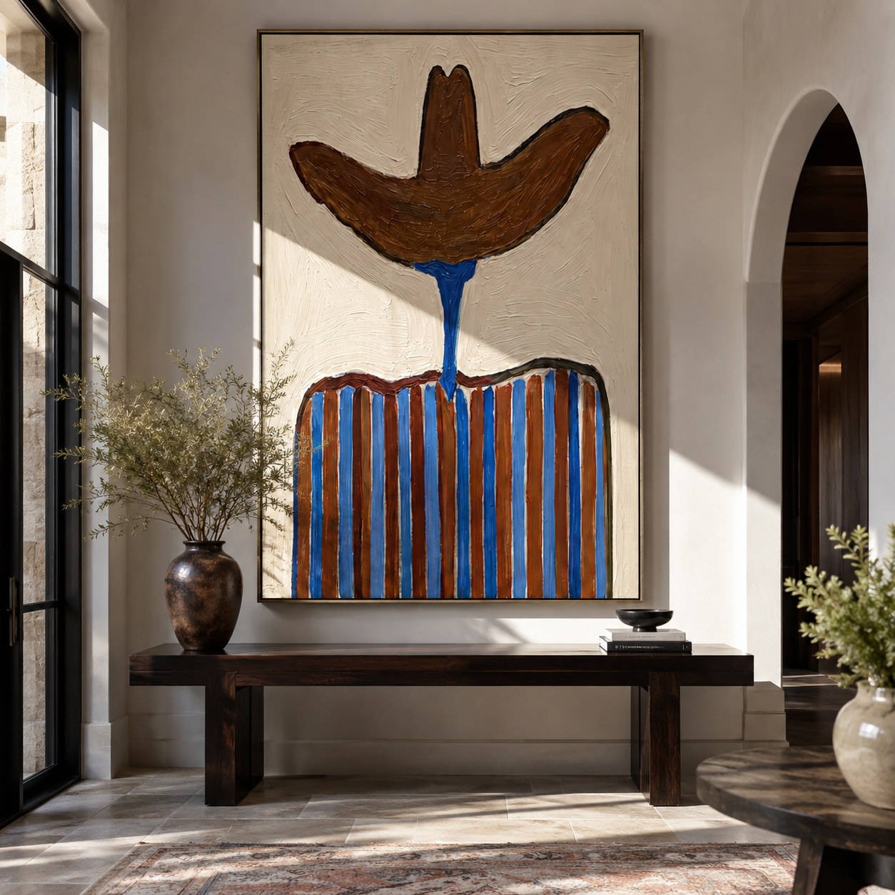 Brown Brim Meets Blue - blue striped cowboy painting by Elliot Vale, modern figurative vertical wall art - styled room scene view 1