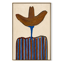Brown Brim Meets Blue - blue striped cowboy painting by Elliot Vale, modern figurative vertical wall art - wood frame on white background