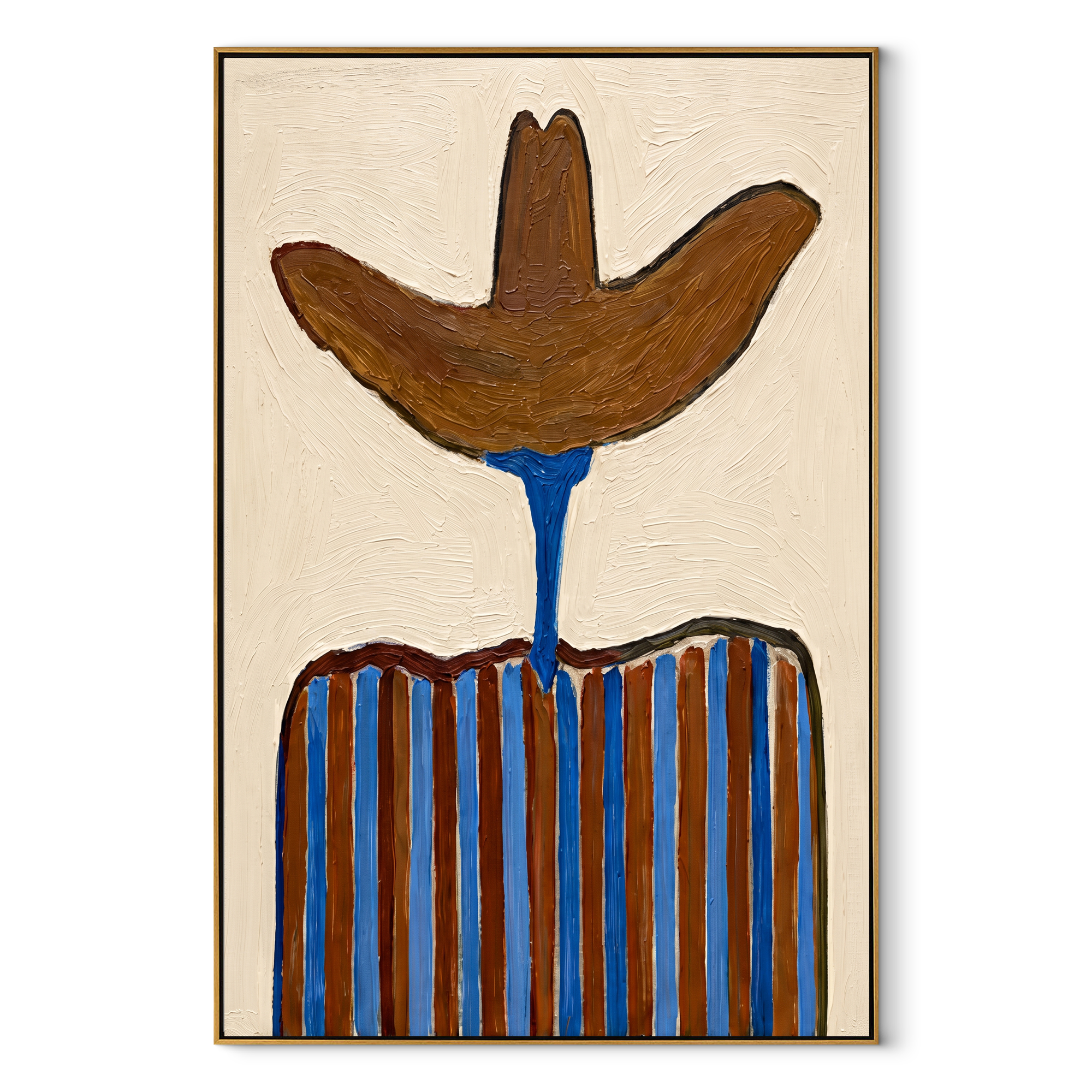 Brown Brim Meets Blue - blue striped cowboy painting by Elliot Vale, modern figurative vertical wall art - wood frame on white background