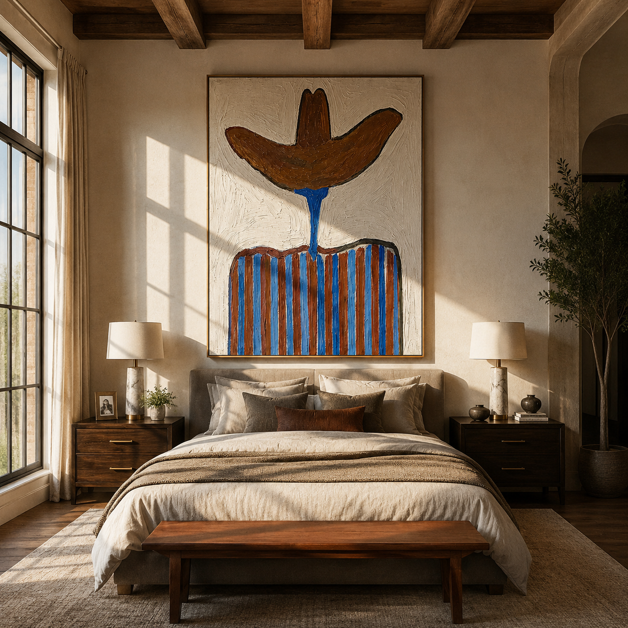 Brown Brim Meets Blue - blue striped cowboy painting by Elliot Vale, modern figurative vertical wall art - styled room scene view 2
