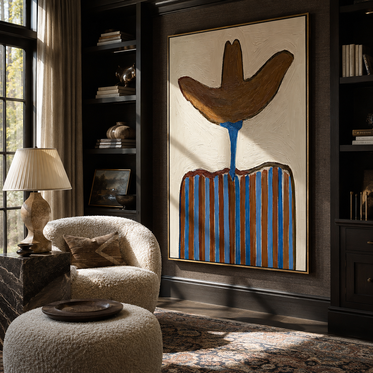 Brown Brim Meets Blue - blue striped cowboy painting by Elliot Vale, modern figurative vertical wall art - styled room scene view 3