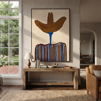 Brown Brim Meets Blue - blue striped cowboy painting by Elliot Vale, modern figurative vertical wall art - styled room scene view 4