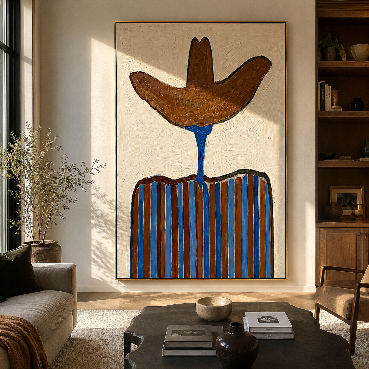 Brown Brim Meets Blue - blue striped cowboy painting by Elliot Vale, modern figurative vertical wall art - styled room scene view 5