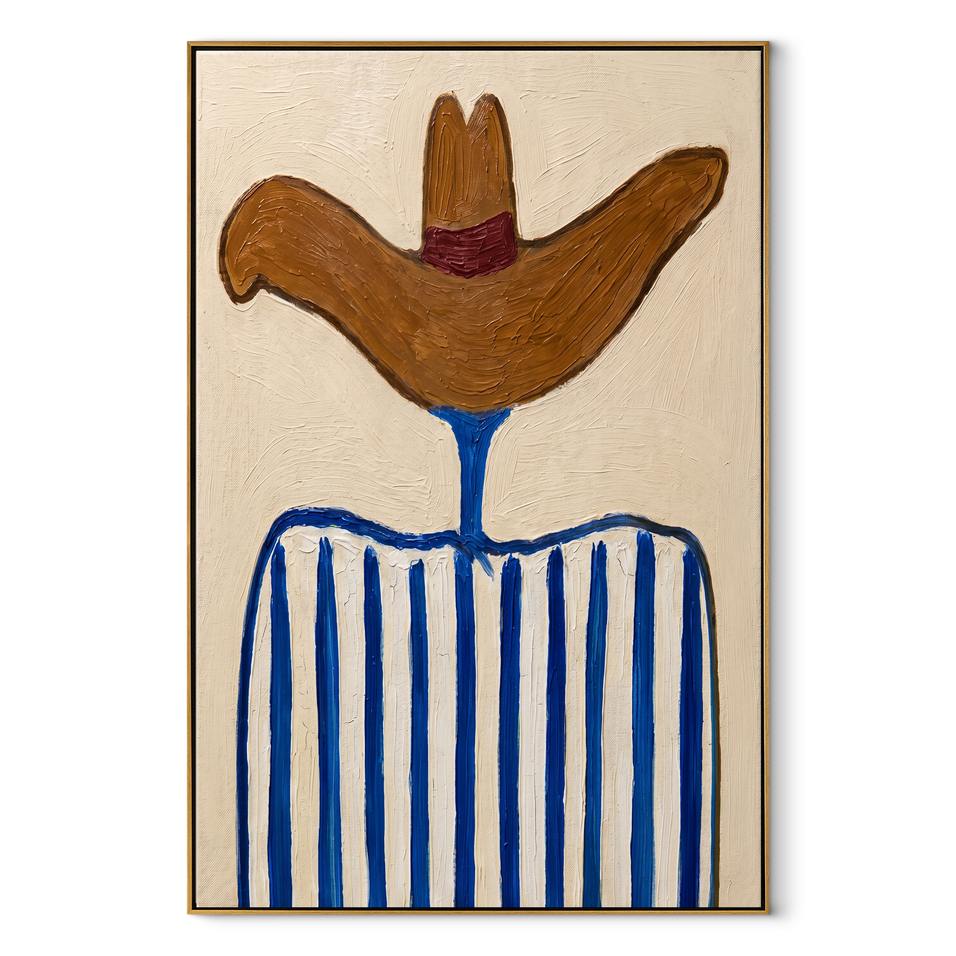 Rust Wings Crown Stripes - blue striped hat figure painting by Elliot Vale, modern figurative vertical wall art - wood frame on white background
