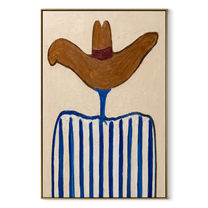 Rust Wings Crown Stripes - blue striped hat figure painting by Elliot Vale, modern figurative vertical wall art - wood frame on white background