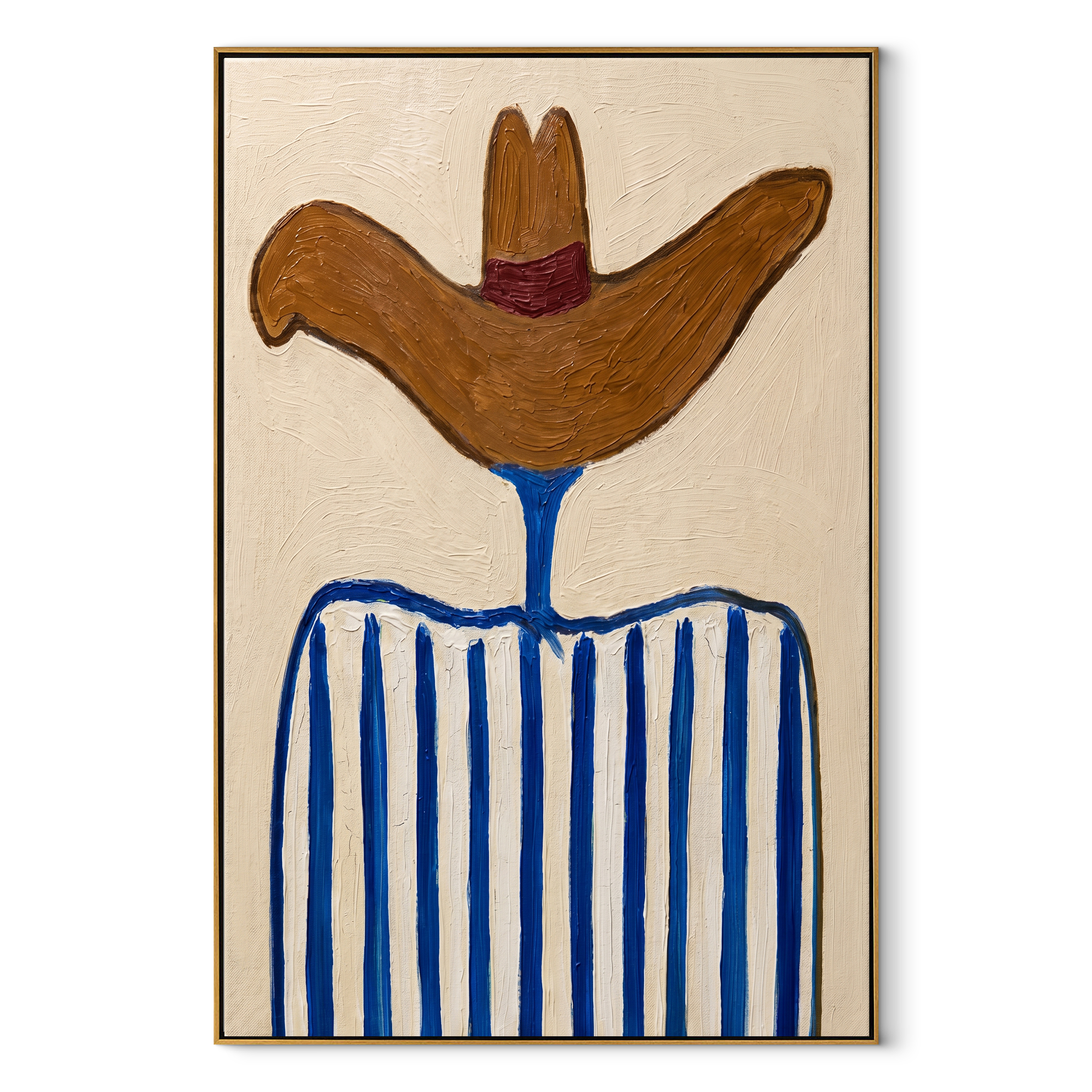 Rust Wings Crown Stripes - blue striped hat figure painting by Elliot Vale, modern figurative vertical wall art - wood frame on white background