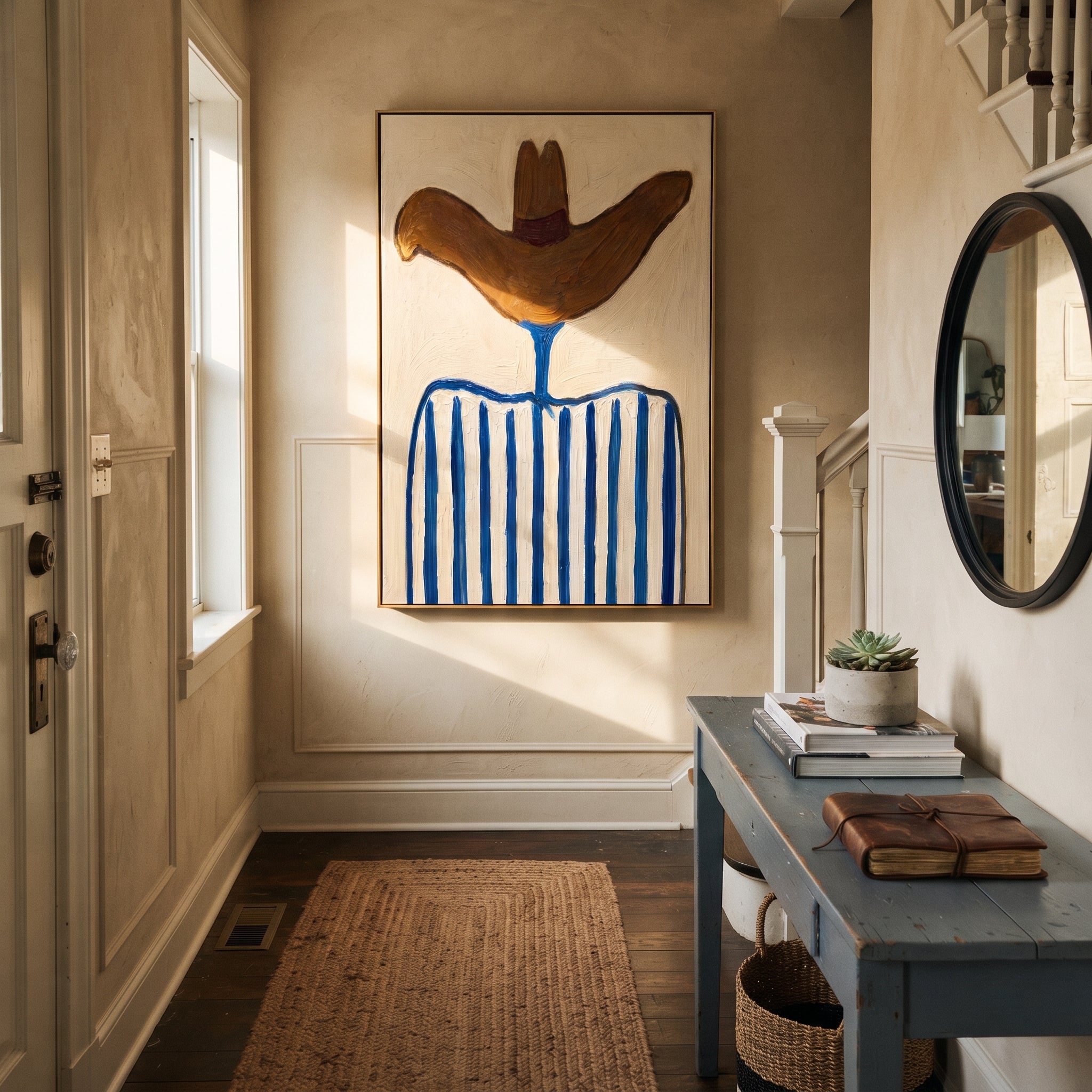 Rust Wings Crown Stripes - blue striped hat figure painting by Elliot Vale, modern figurative vertical wall art - styled room scene view 3