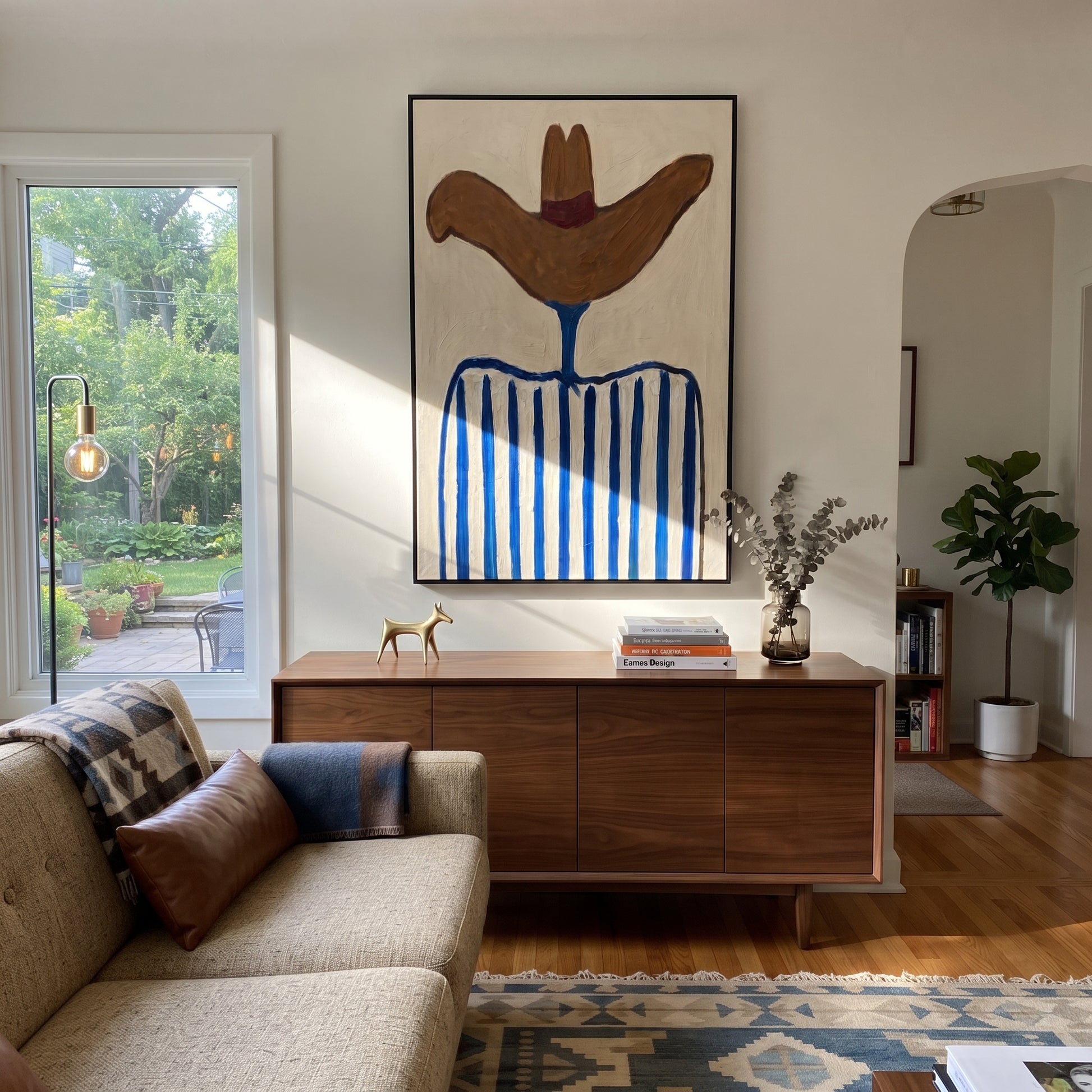 Rust Wings Crown Stripes - blue striped hat figure painting by Elliot Vale, modern figurative vertical wall art - styled room scene view 4