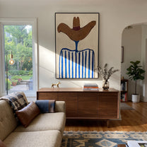 Rust Wings Crown Stripes - blue striped hat figure painting by Elliot Vale, modern figurative vertical wall art - styled room scene view 4