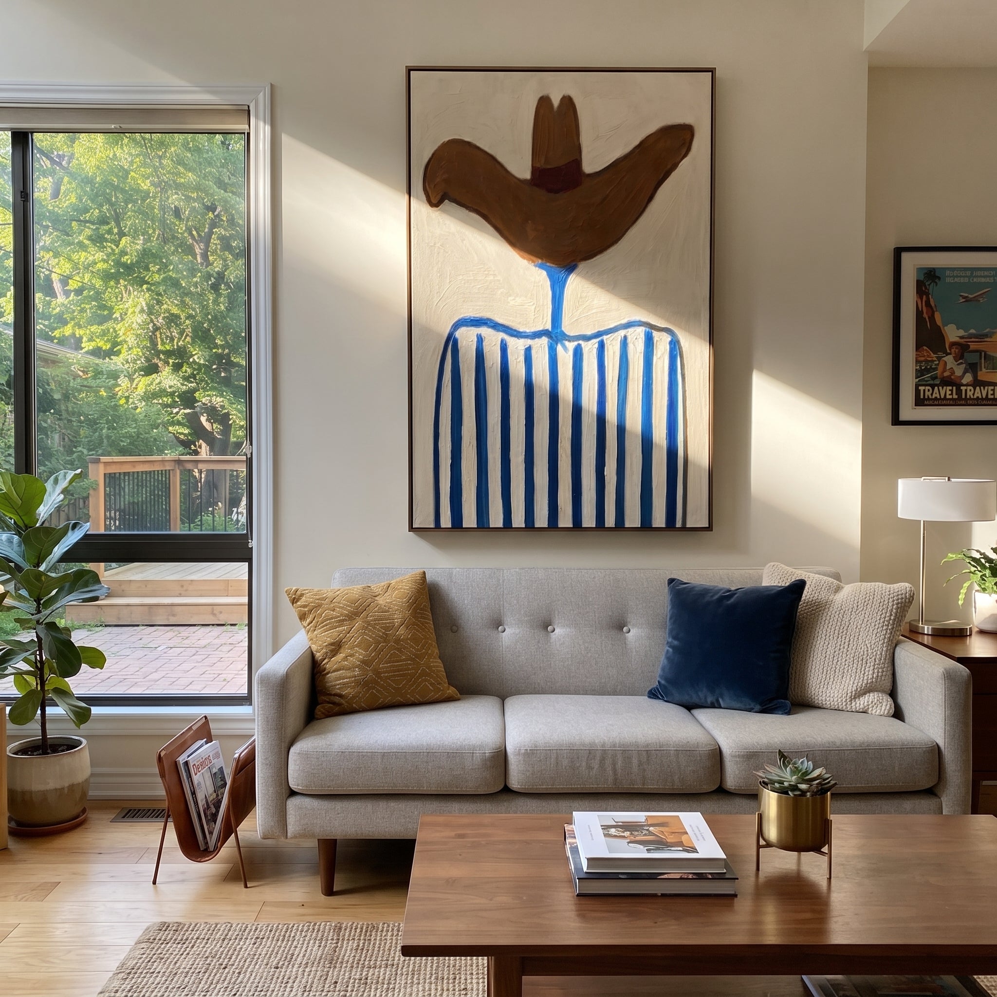 Rust Wings Crown Stripes - blue striped hat figure painting by Elliot Vale, modern figurative vertical wall art - styled room scene view 5
