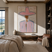 Pink Crown Traces Blue - pink blue striped figure painting by Elliot Vale, modern figurative vertical wall art - styled room scene view 1