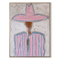Pink Crown Traces Blue - pink blue striped figure painting by Elliot Vale, modern figurative vertical wall art - wood frame on white background
