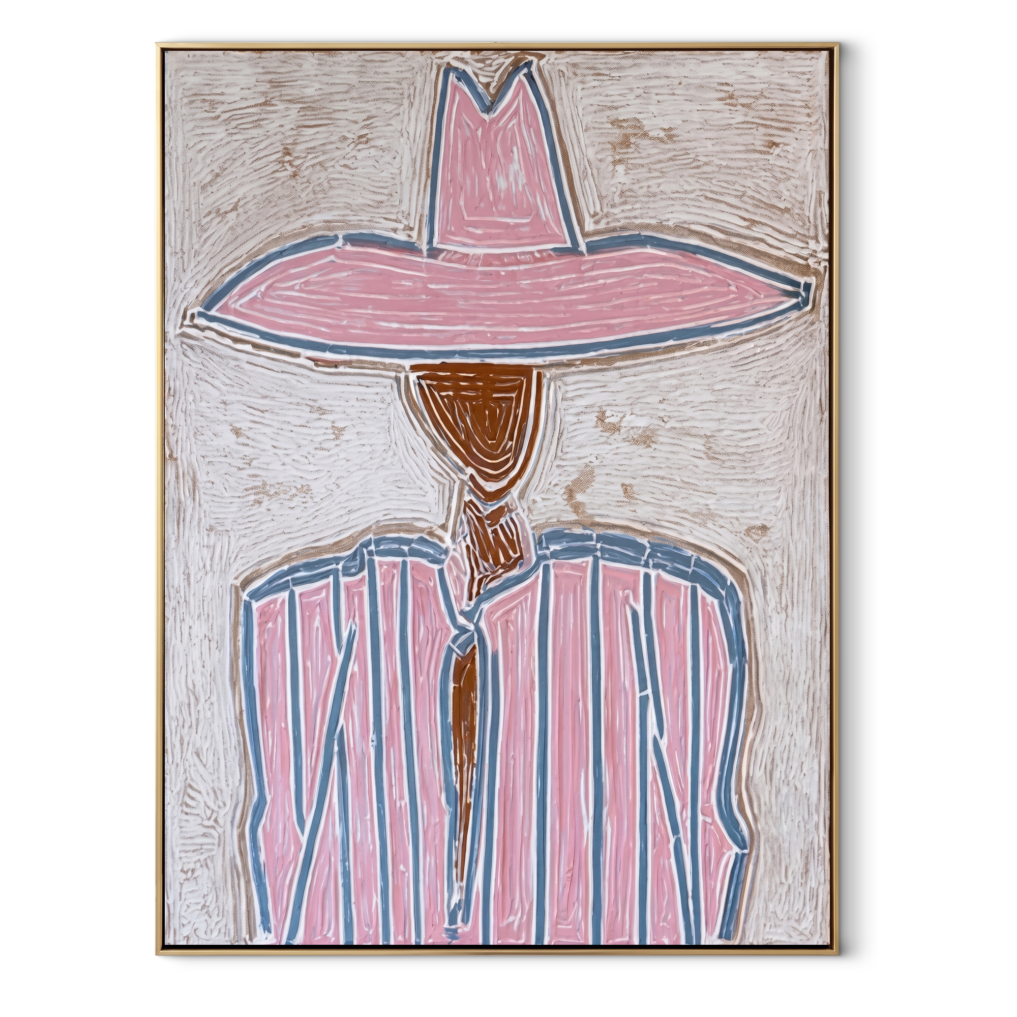 Pink Crown Traces Blue - pink blue striped figure painting by Elliot Vale, modern figurative vertical wall art - wood frame on white background