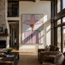 Pink Crown Traces Blue - pink blue striped figure painting by Elliot Vale, modern figurative vertical wall art - styled room scene view 2