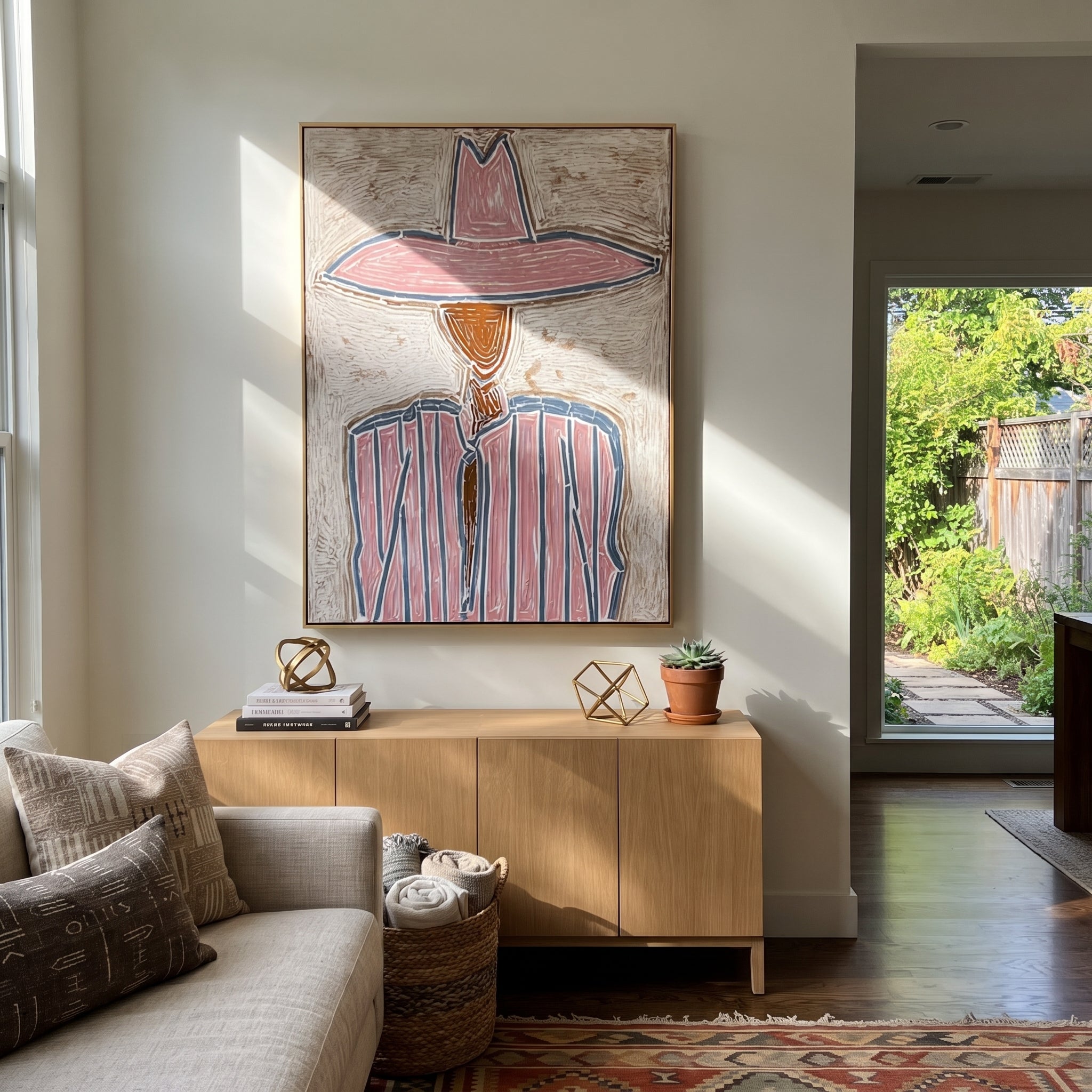 Pink Crown Traces Blue - pink blue striped figure painting by Elliot Vale, modern figurative vertical wall art - styled room scene view 3
