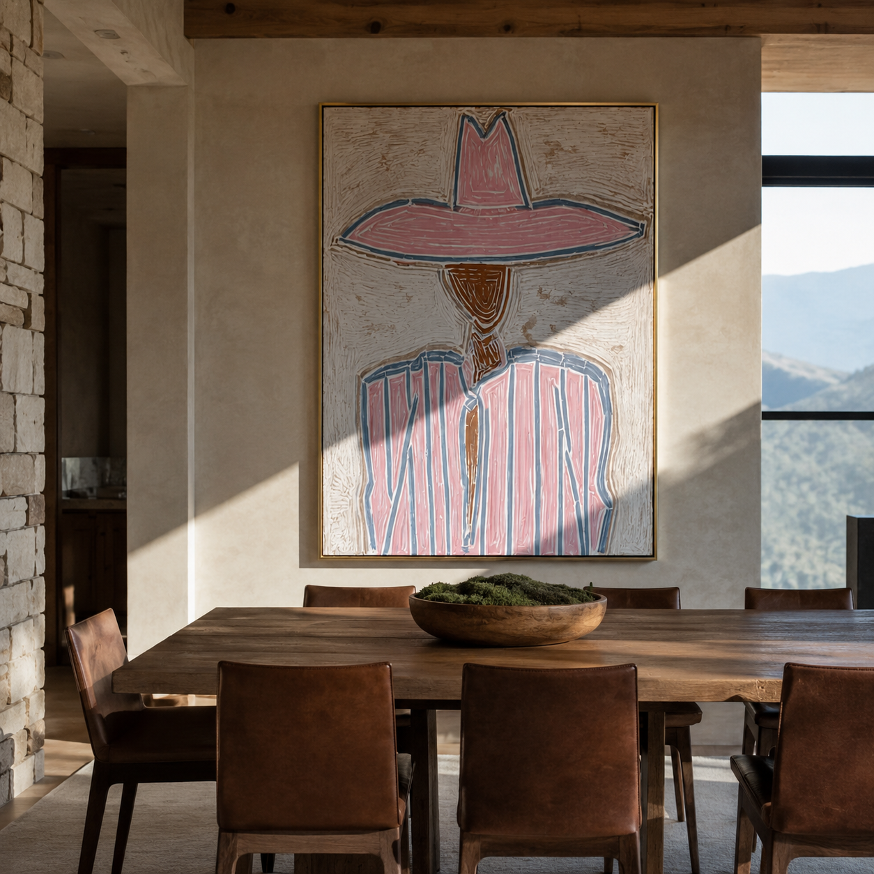 Pink Crown Traces Blue - pink blue striped figure painting by Elliot Vale, modern figurative vertical wall art - styled room scene view 4
