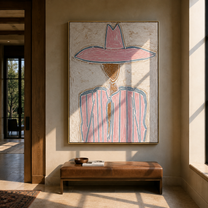 Pink Crown Traces Blue - pink blue striped figure painting by Elliot Vale, modern figurative vertical wall art - styled room scene view 5