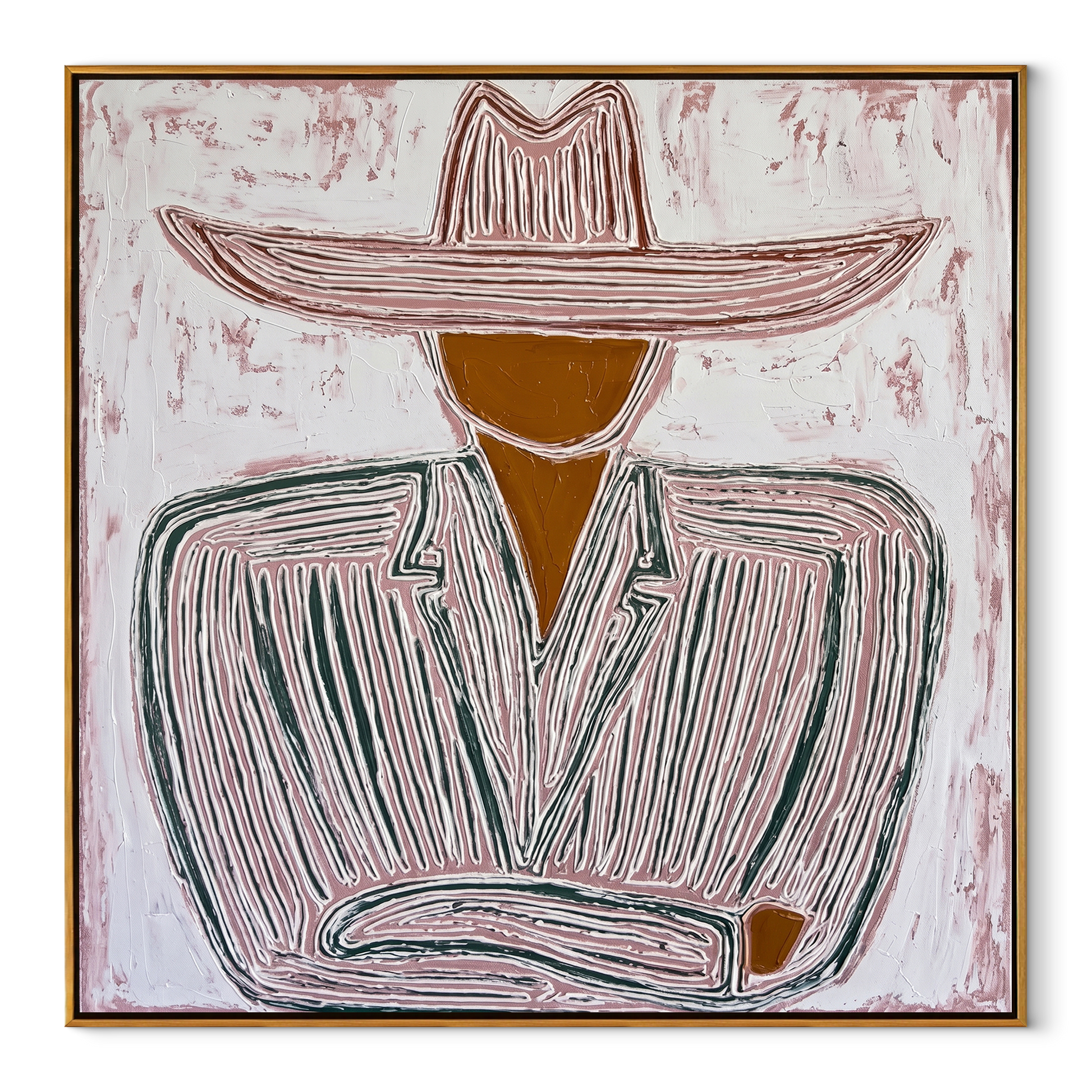 Pale Brim Folds Gray - gray striped seated figure painting by Elliot Vale, modern figurative square wall art - wood frame on white background